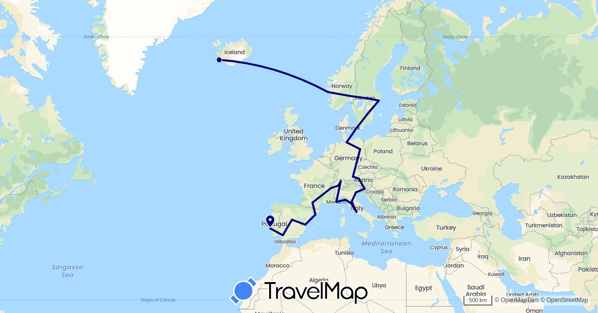 TravelMap itinerary: driving in Austria, Switzerland, Germany, Denmark, Spain, France, Iceland, Italy, Monaco, Norway, Portugal, Sweden, Slovenia (Europe)