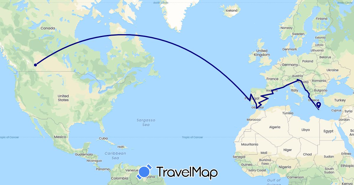 TravelMap itinerary: driving in Andorra, Albania, Canada, Spain, France, Greece, Croatia, Italy, Morocco, Montenegro, Portugal, Slovenia (Africa, Europe, North America)
