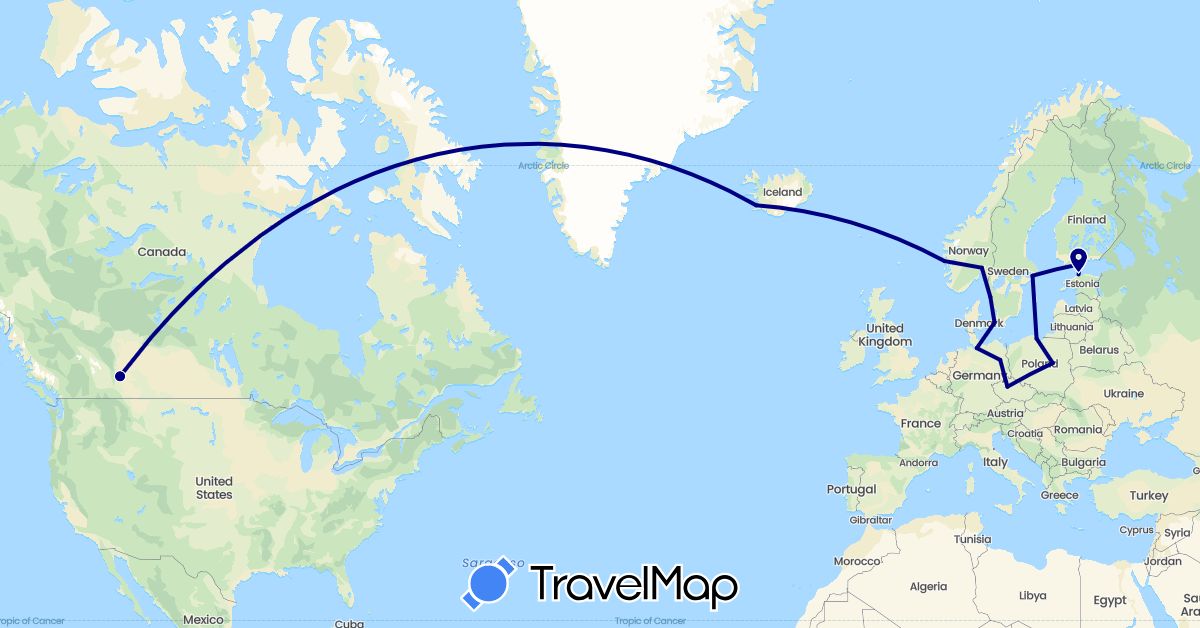 TravelMap itinerary: driving in Canada, Czech Republic, Germany, Denmark, Estonia, Finland, Iceland, Norway, Poland, Sweden (Europe, North America)