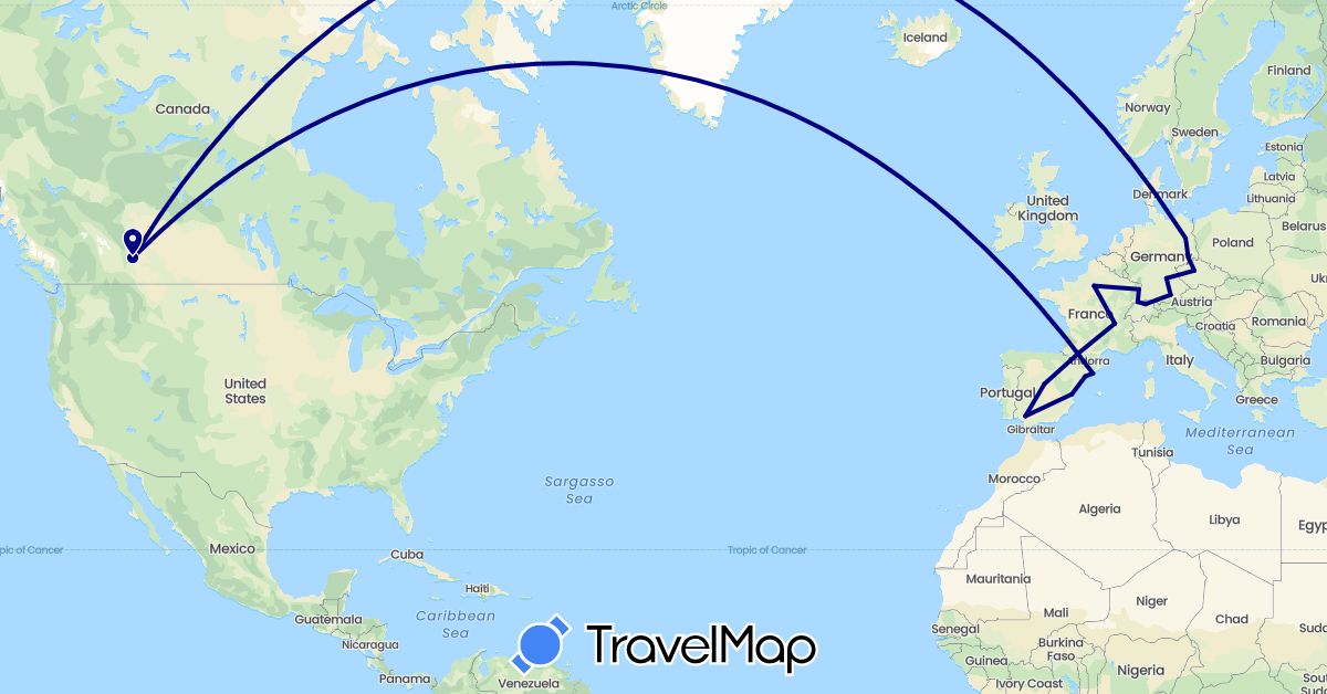 TravelMap itinerary: driving in Canada, Switzerland, Czech Republic, Germany, Spain, France (Europe, North America)