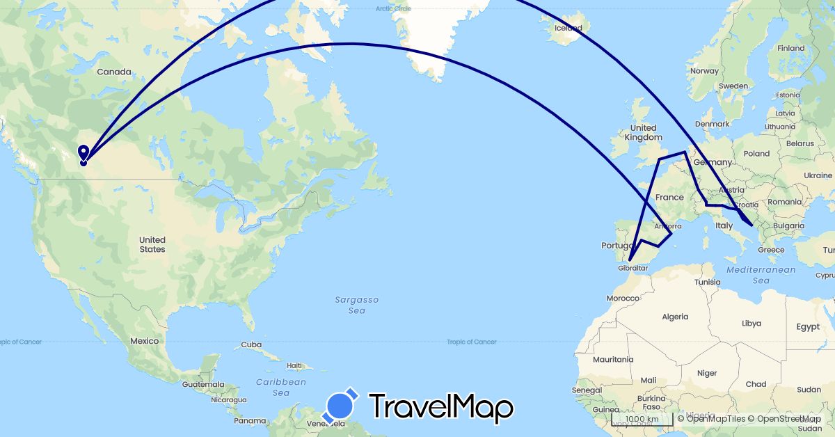 TravelMap itinerary: driving in Canada, Switzerland, Spain, United Kingdom, Croatia, Italy, Netherlands (Europe, North America)