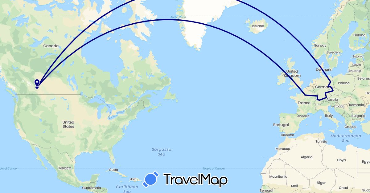 TravelMap itinerary: driving in Canada, Switzerland, Czech Republic, Germany, France (Europe, North America)