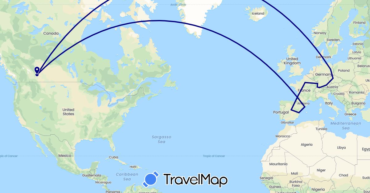 TravelMap itinerary: driving in Canada, Switzerland, Czech Republic, Germany, Spain, France (Europe, North America)